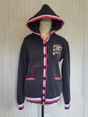 Y2K Vintage Black Pink Criminal Damage Skull Cat Button Up Hoodie Large